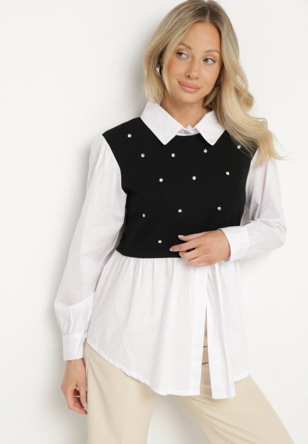 Czarna Rozkloszowana Bluzka Koszulowa z Wiskozą z Wszytą Kamizelką z Cyrkoniami Uliaviela
