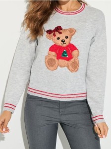 Świąteczny sweter z misiem z domieszką wełny - szary