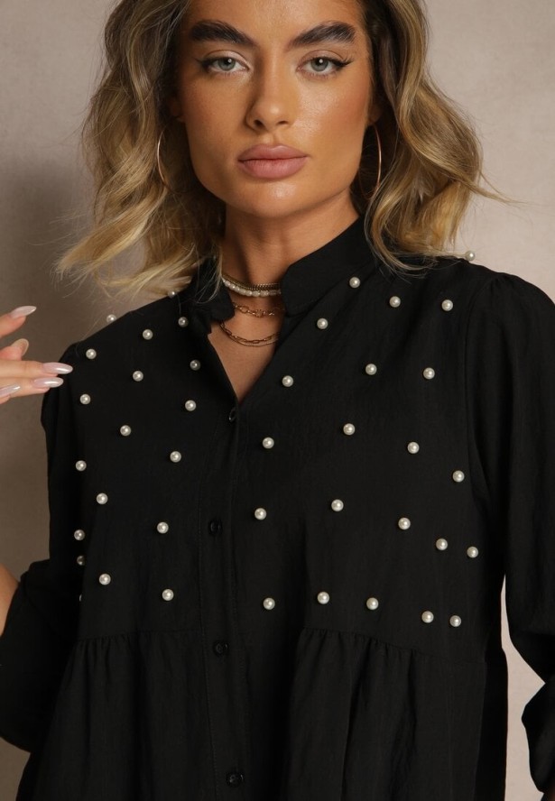 Czarna Koszula z Wiskozą i Perełkami Tanathiel
