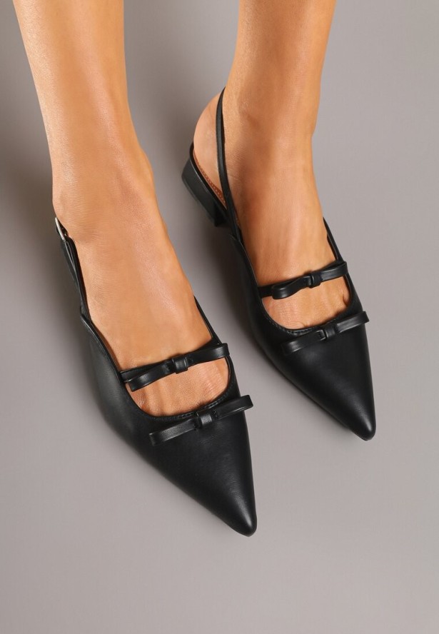 Czarne Sandały Slingback na Niskim Obcasie Zdobione Kokardkami Remelle