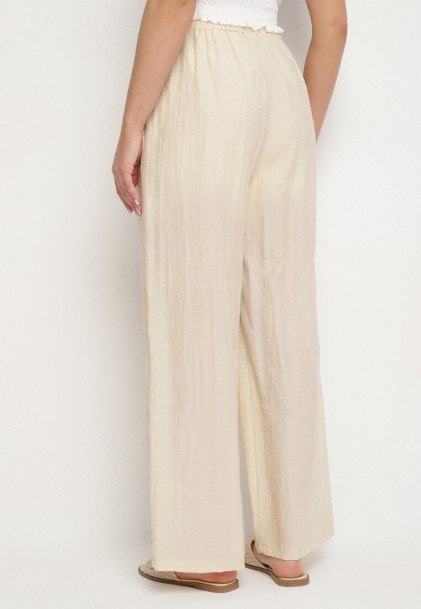 Jasnobeżowe Spodnie Palazzo z Lnu i Wiskozy z Wysokim Stanem Linawena