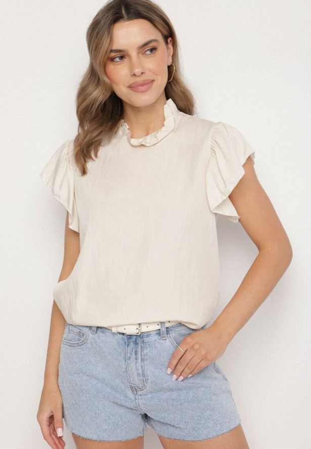 Jasnobeżowa Bluzka z Wiskozą Ozdobiona Falbankami Emoti