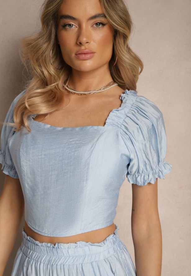 Jasnoniebieski Komplet z Wiskozy Top z Szerokimi Spodniami Soltebia