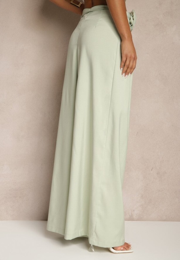 Zielone Spodnie o Szerokim Kroju High Waist z Kwiatem 3D Firalisse