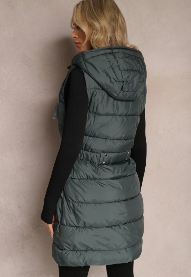 Ciemnozielona Pikowana Kamizelka Dwustronna z Troczkiem w Pasie o Wydłużonym Fasonie Selinorda