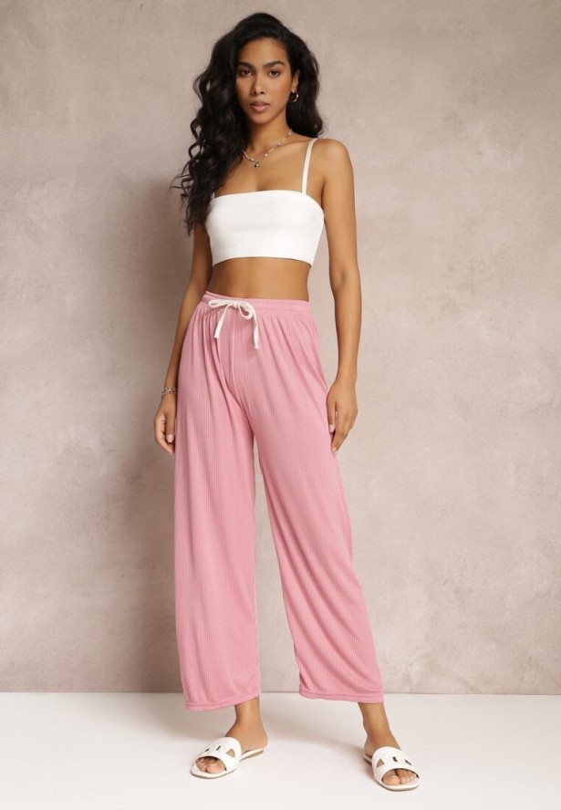 Różowe Szerokie Spodnie z Marszczoną Gumką i Sznurkiem Feliti