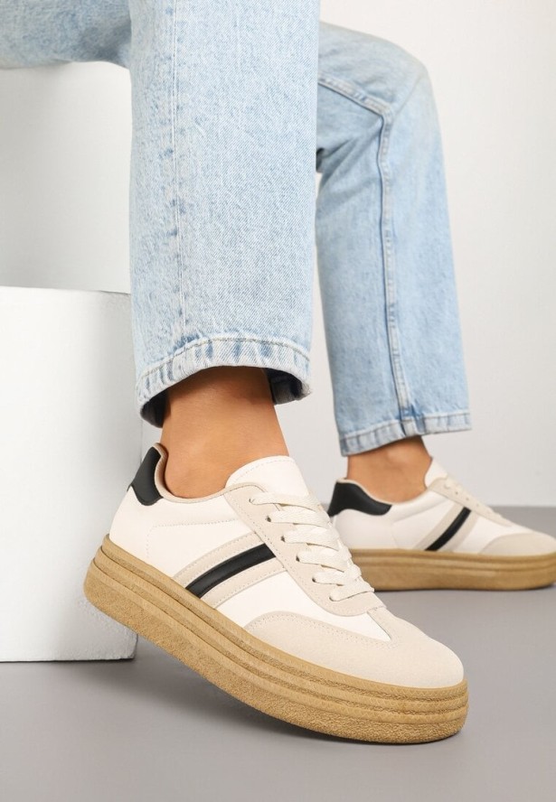 Beżowo-Czarne Sneakersy na Platformie w Stylu Kultowych Tenisówek Ozdobione Wzorem w Panterkę Gonoriel