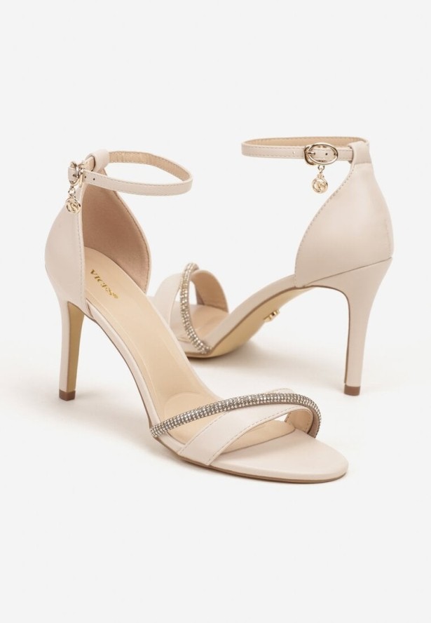 Jasnobeżowe Sandały na Szpilce Vices Ozdobione Paskiem z Cyrkonii Linarunia