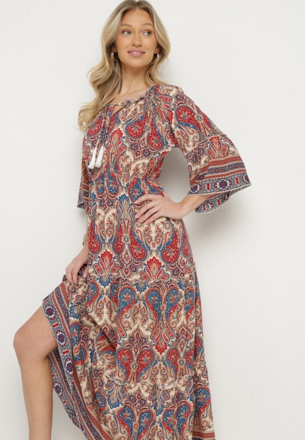 Czerwona Rozkloszowana Sukienka Bawełniana we Wzór Paisley z Chwostami Elliassa