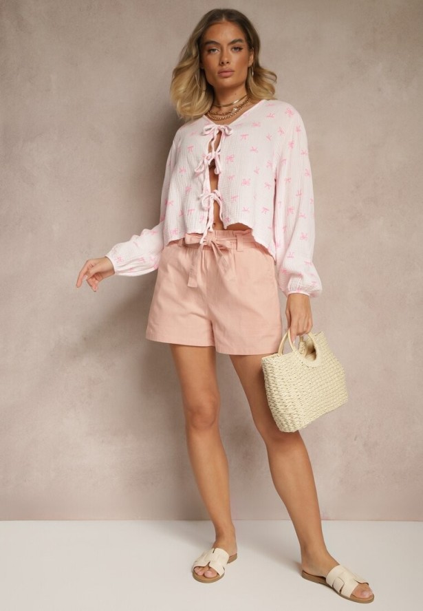 Różowa Bawełniana Bluzka Koszulowa z Długim Rękawem Wiązana z Przodu Liosame