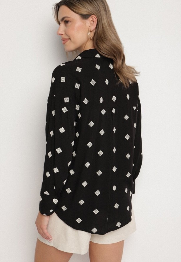 Czarna Koszula z Wiskozy z Lnu Zdobiona Geometrycznym Haftem Fadea