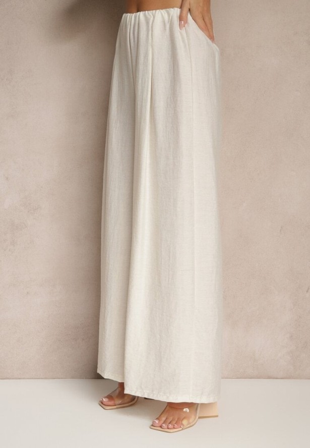 Jasnobeżowy Komplet z Lnem Spodnie o Szerokim Kroju i Bluzka z Wiązaniem Idanira