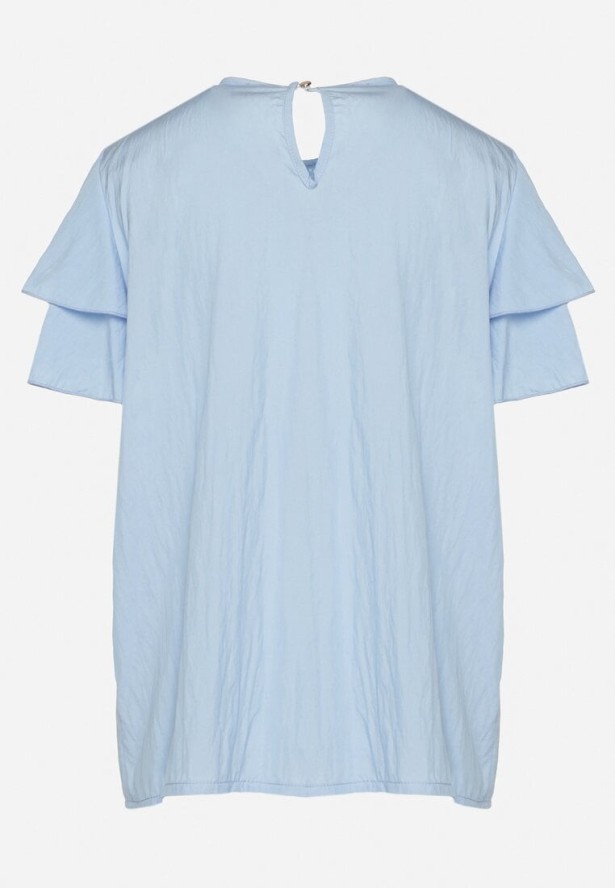 Jasnoniebieska Bluzka z Wiskozą o Trapezowym kroju z Falbankami i Elastyczną Wstawką Dorlimi