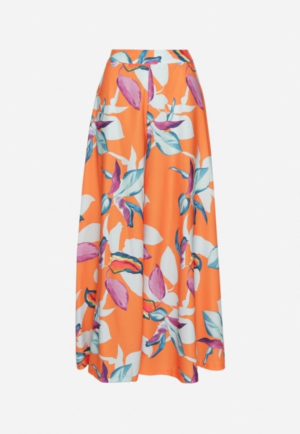 Pomarańczowe Spodnie Wiskozowe Szerokie we Florystyczny Print Orelvia