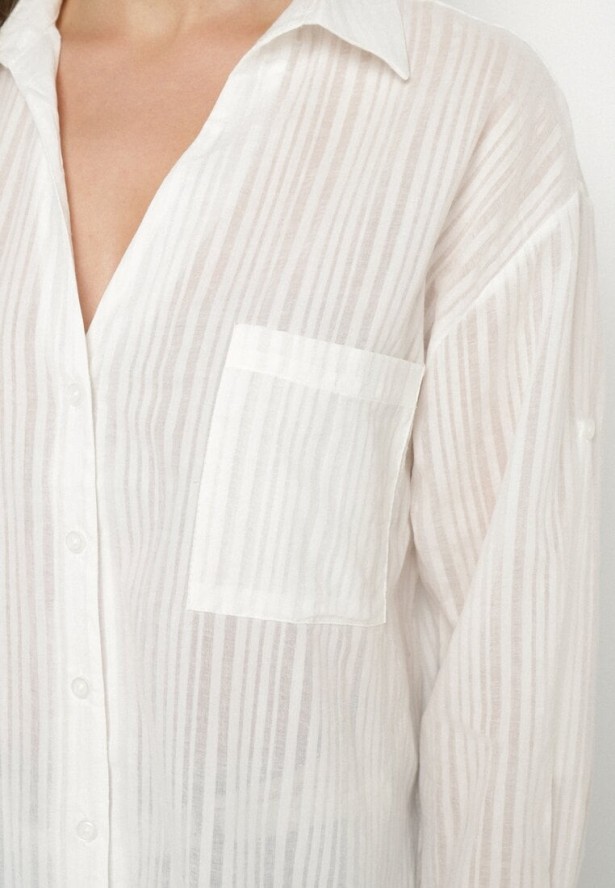 Biała Koszula Bawełniana w Paski z Kieszonką Lialune