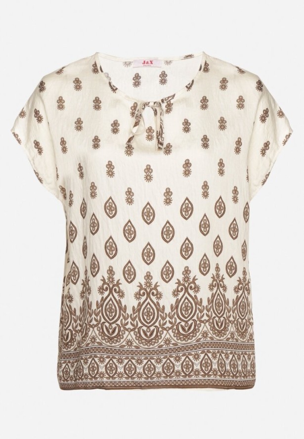 Biało-Brązowa Bluzka w Boho Wzór z Wiązaniem przy Dekolcie Jenalia