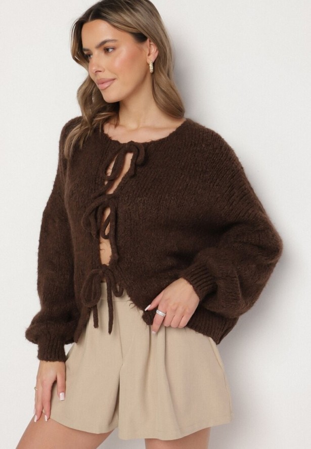 Brązowy Kardigan Oversize z Wełną Zdobiony Kokardkami Eleathalie