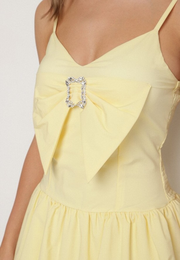 Żółta Sukienka Bombka na Cienkich Ramiączkach z Kokardą i Cyrkoniami Paliandria