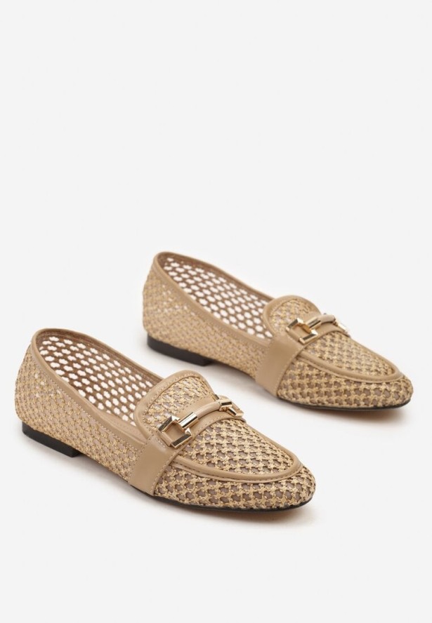 Ciemnobeżowe Siateczkowe Mokasyny z Metaliczną Klamrą Zefora