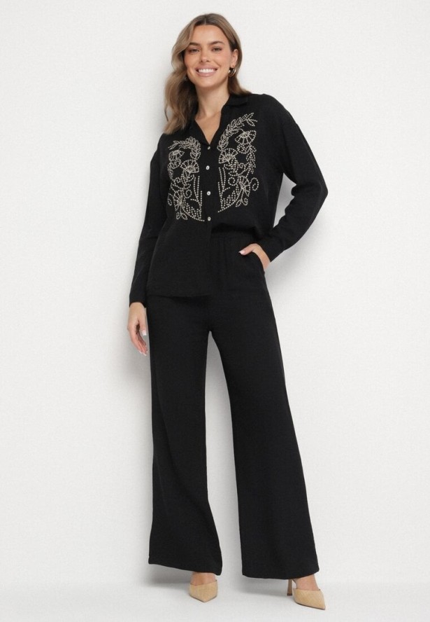 Czarny Komplet z Luźną Koszulą z Haftem i Szerokimi Spodniami z Wiskozą Ivelabia