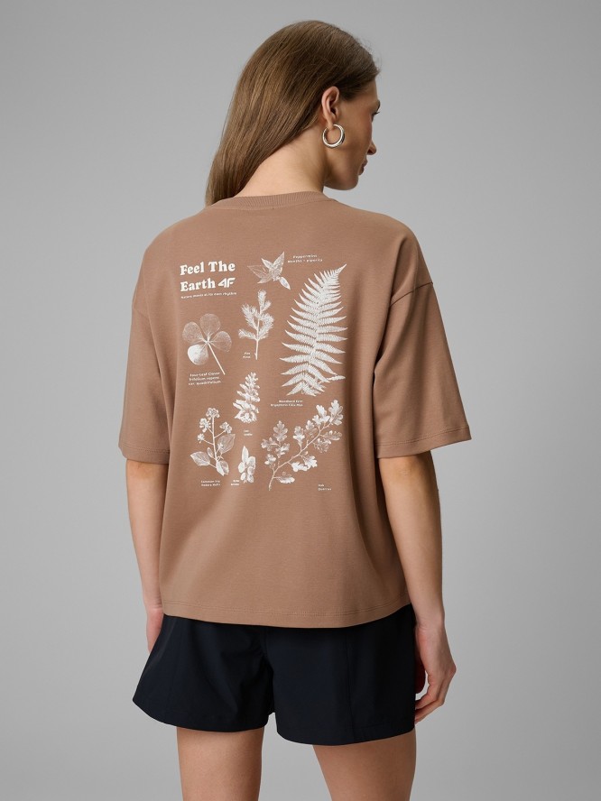 4F T-shirt regular z nadrukiem damski - beżowy L