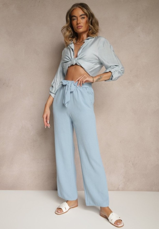 Niebieskie Spodnie z Szeroką Nogawką Wiązane w Talii Salemira