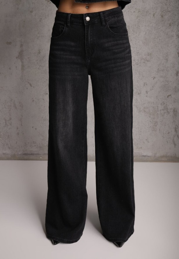 Czarne Szerokie Jeansy Palazzo z Bawełną High Waist Zinnasira