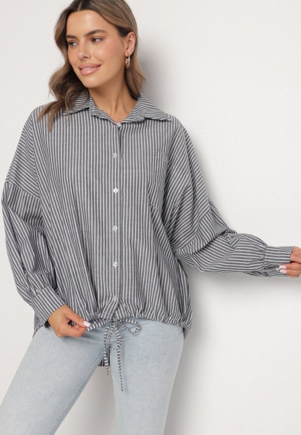 Ciemnoszara Bawełniana Koszula Oversize w Paski ze Ściągaczem Elineola