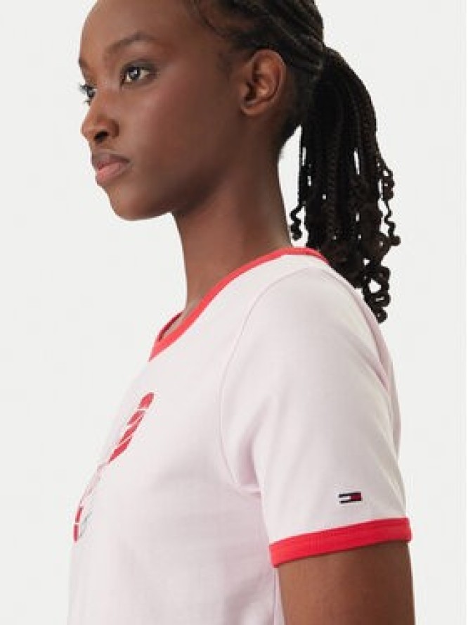 Tommy Jeans T-Shirt Wavy Flag Contrast Ringer DW0DW22306 Różowy Regular Fit