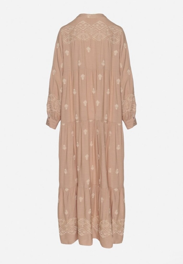 Beżowa Sukienka Rozkloszowana z Koszulową Górą z Wzorem Etno Ronitta