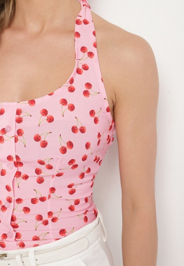 Różowa Bluzka z Odkrytymi Plecami i Wiązaniem Zdobiona Guzikami Tolanesse