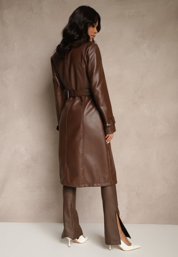 Brązowy Płaszcz Trencz z Ekoskóry o Dwurzędowym Kroju z Paskiem Nilianis