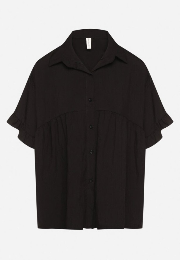 Czarna Koszula z Wiskozą i Ozdobnymi Falbankami Emeleldi