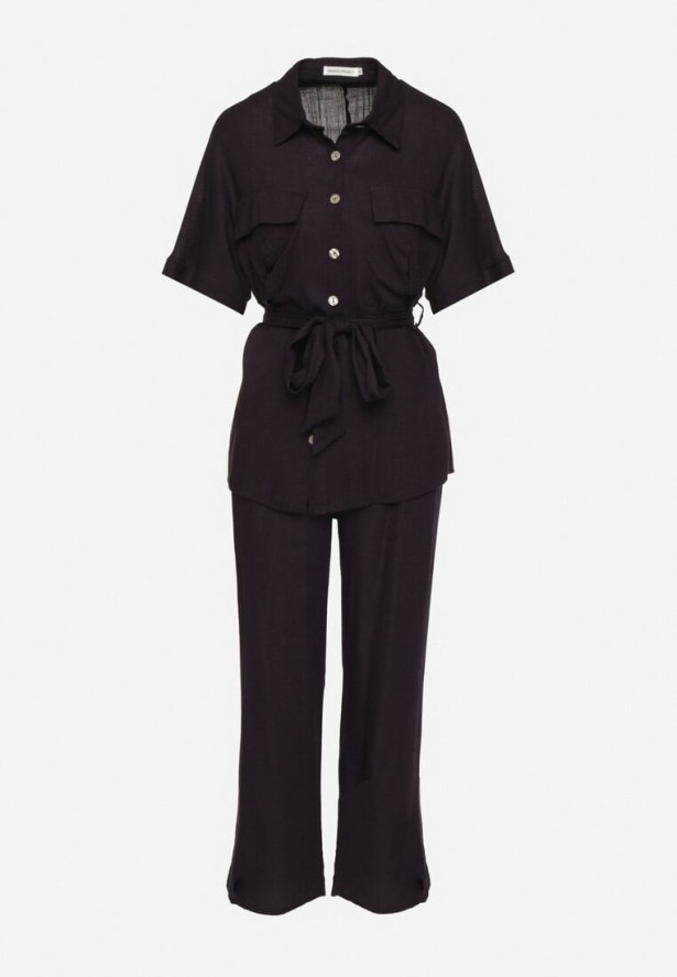 Granatowy Komplet z Wiskozą Lnem Koszula z Paskiem i Szerokie Spodnie Galorisa