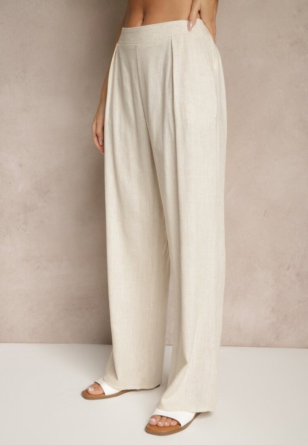 Ciemnobeżowy Komplet z Lnem i Wiskozą Szerokie Spodnie i Koszula z Paskiem Galanitia