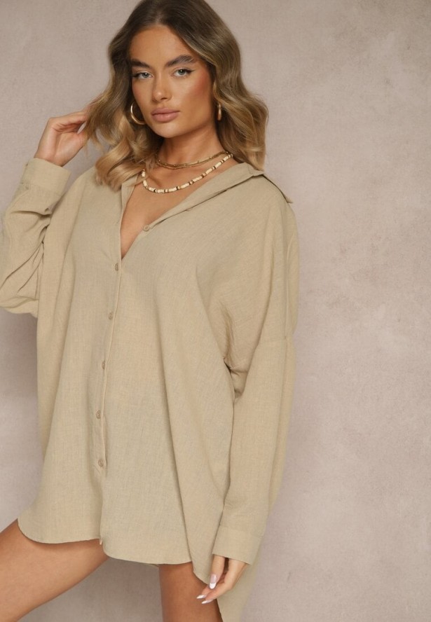 Beżowa Koszula o Fasonie Oversize w Klasycznym Stylu Marionera