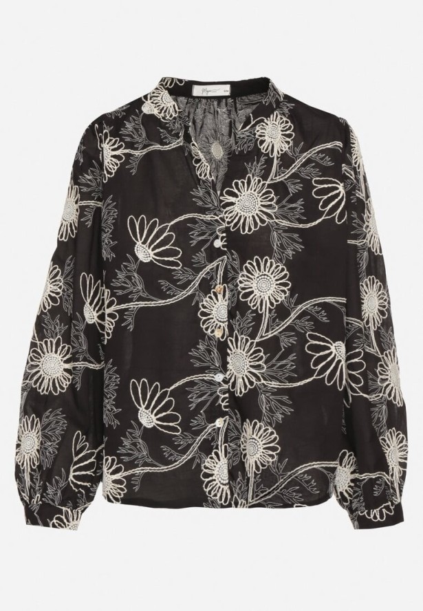 Czarna Bawełniana Koszula Zdobiona Haftem w Kwiatowy Wzór z Cekinami Gonirith