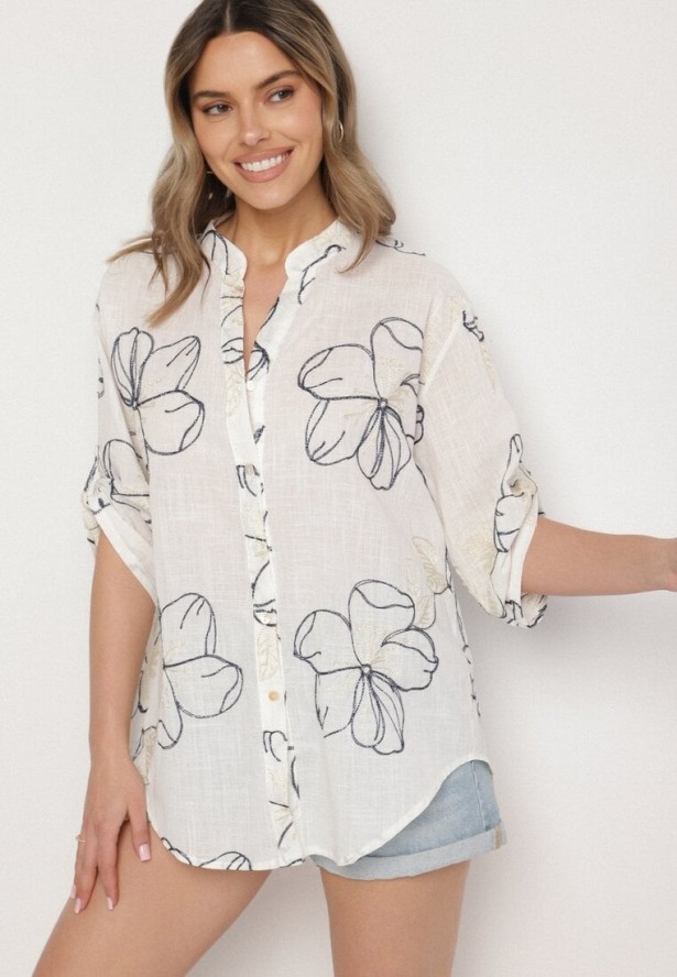 Biało-Granatowa Koszula o Kroju Oversize z Podpinanymi Rękawami Zdobiona Haftem Folirella