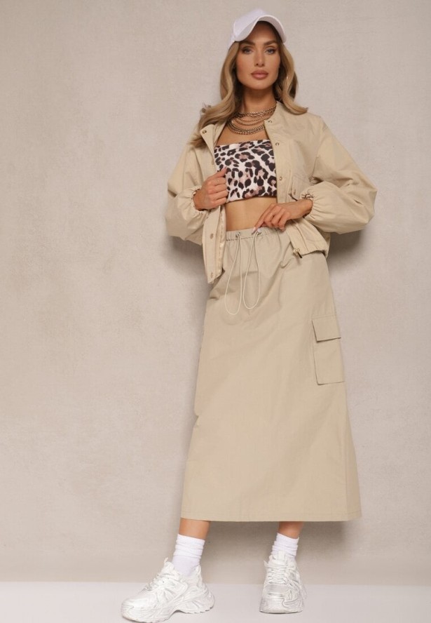 Beżowa Kurtka Bomberka o Koszulowym Fasonie z Napami Ronesia