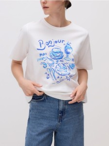 Bawełniany t-shirt z nadrukiem - złamana biel