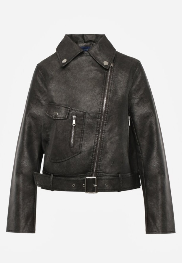 Ciemnoszara Kurtka o Kroju Ramoneski z Paskiem ze Sprzączką i Kieszeniami Milvila