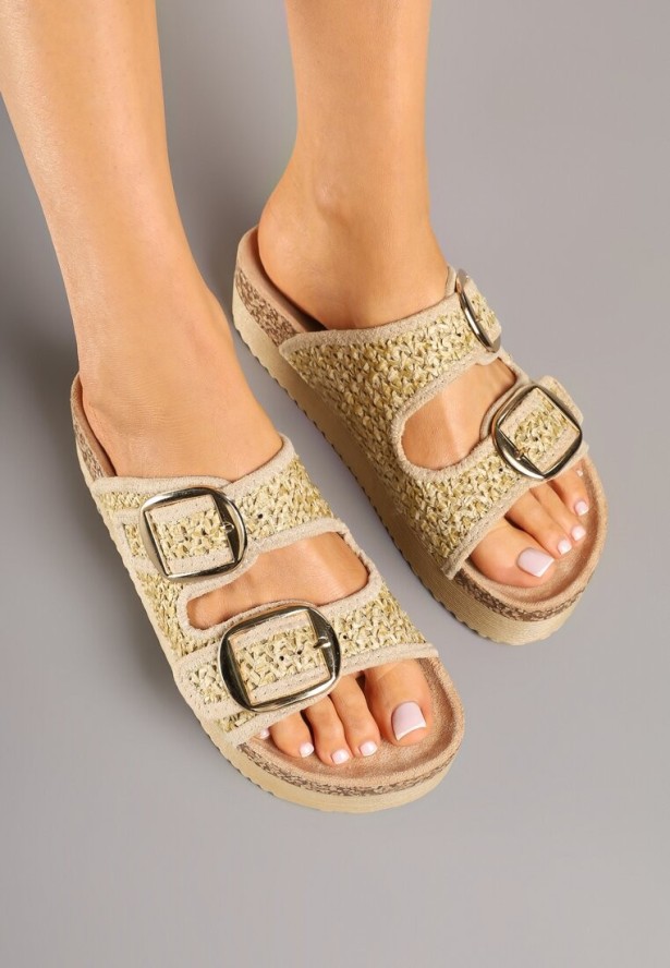 Beżowe Szydełkowe Klapki na Niskiej Platformie z Paskami z Klamrami Redeleine