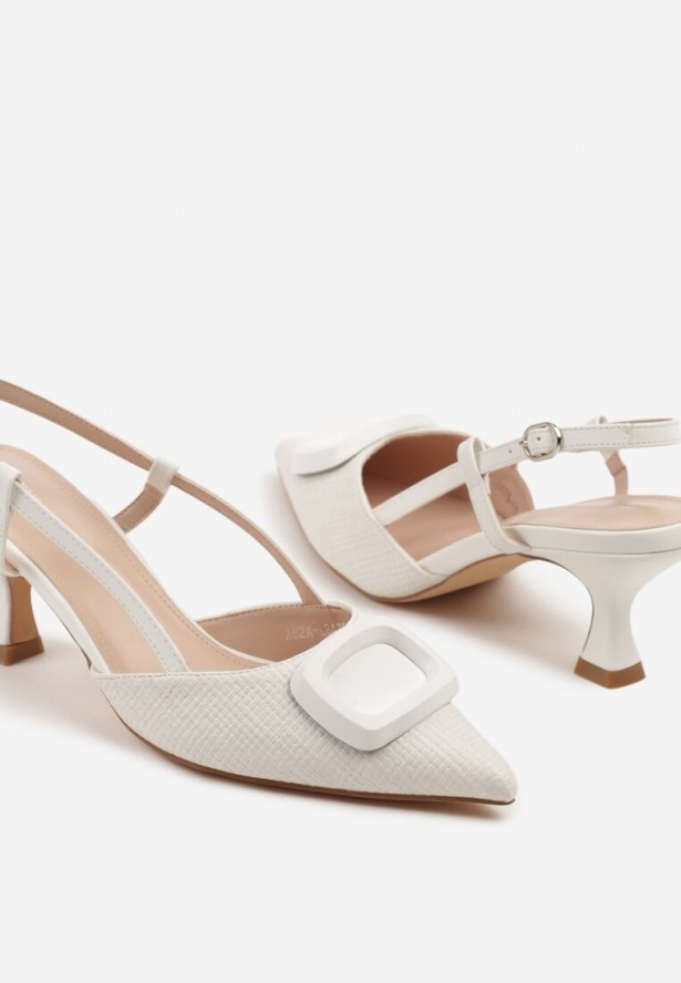 Białe Sandały Tweedowe na Kaczuszce Slingback Ozdobione Aplikacją Rosaviela