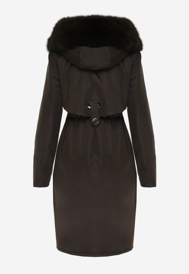 Zielona Kurtka za Kolano ze Ściągaczem i Kapturem z Futerkiem Adoresa