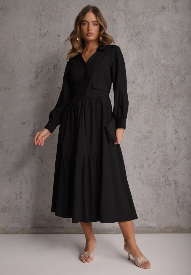 Czarna Rozkloszowana Sukienka Koszulowa z Bawełny i Wiskozy Zdobiona Klapami Gleta