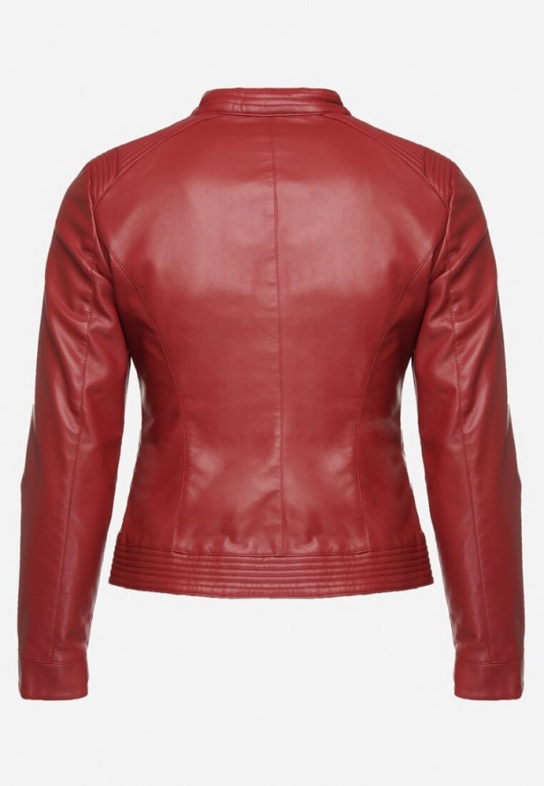 Bordowa Kurtka w Stylu Ramoneski Ozdobiona Paskiem na Nap Ziaira