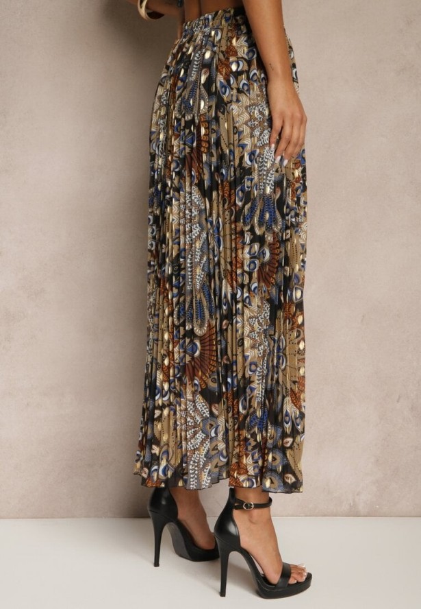 Czarna Spódnica Plisowana Ozdobiona Metalicznym Nadrukiem Firavenne