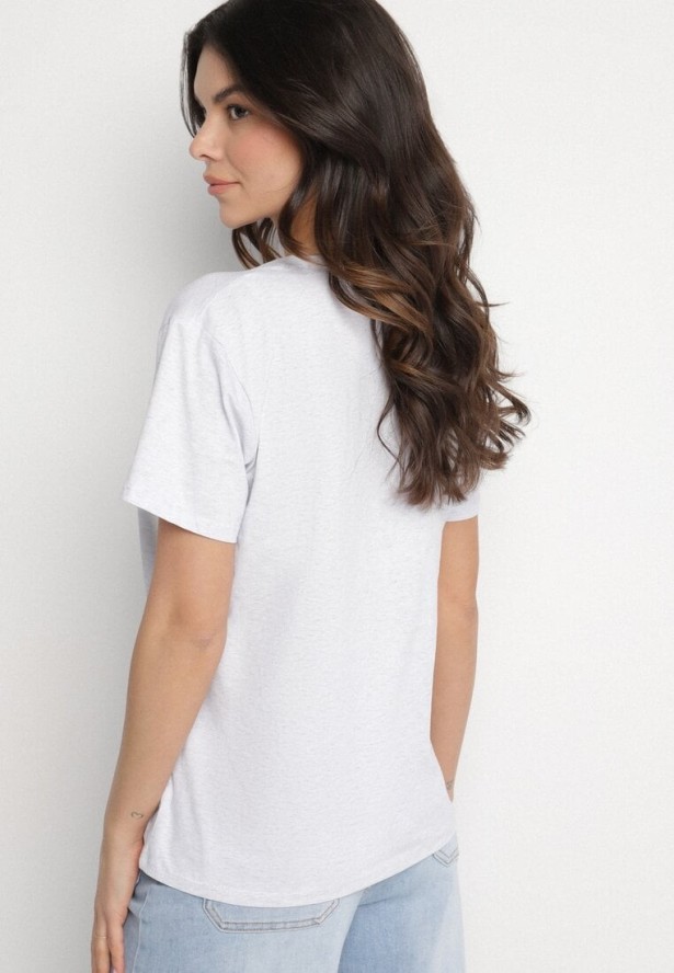 Jasnoszary T-shirt z Bawełny Ozdobiony Cekinami i Cyrkoniami Camiren