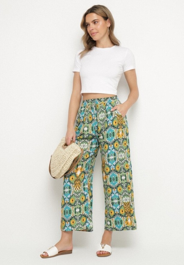 Zielone Spodnie Szerokie z Bawełny w Etno Print Tolivenna