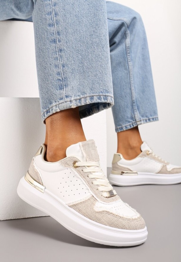 Biało-Beżowe Sneakersy na Platformie z Materiałowymi Wstawkami i Cyrkoniami Przy Sznurówkach Nylith